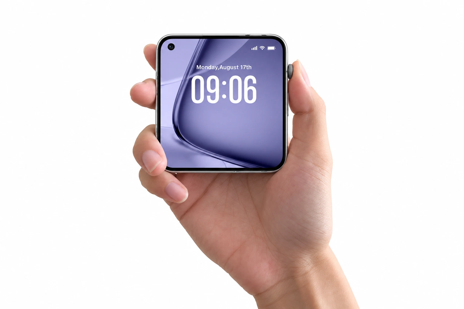 手握 Pocket AI Pro,掌心朝向镜头,拇指贴住机身右侧上方的圆形 Jobs Key,完整机身与紫色屏幕可见;操作示意