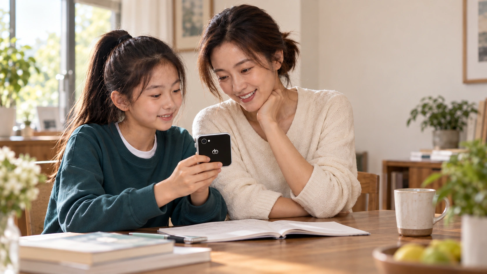 场景示意：母女在家中一起看手持的 Pocket AI Pro，将出游的新鲜事分享给家人；Dora 应用家庭相册以独立示意卡呈现。