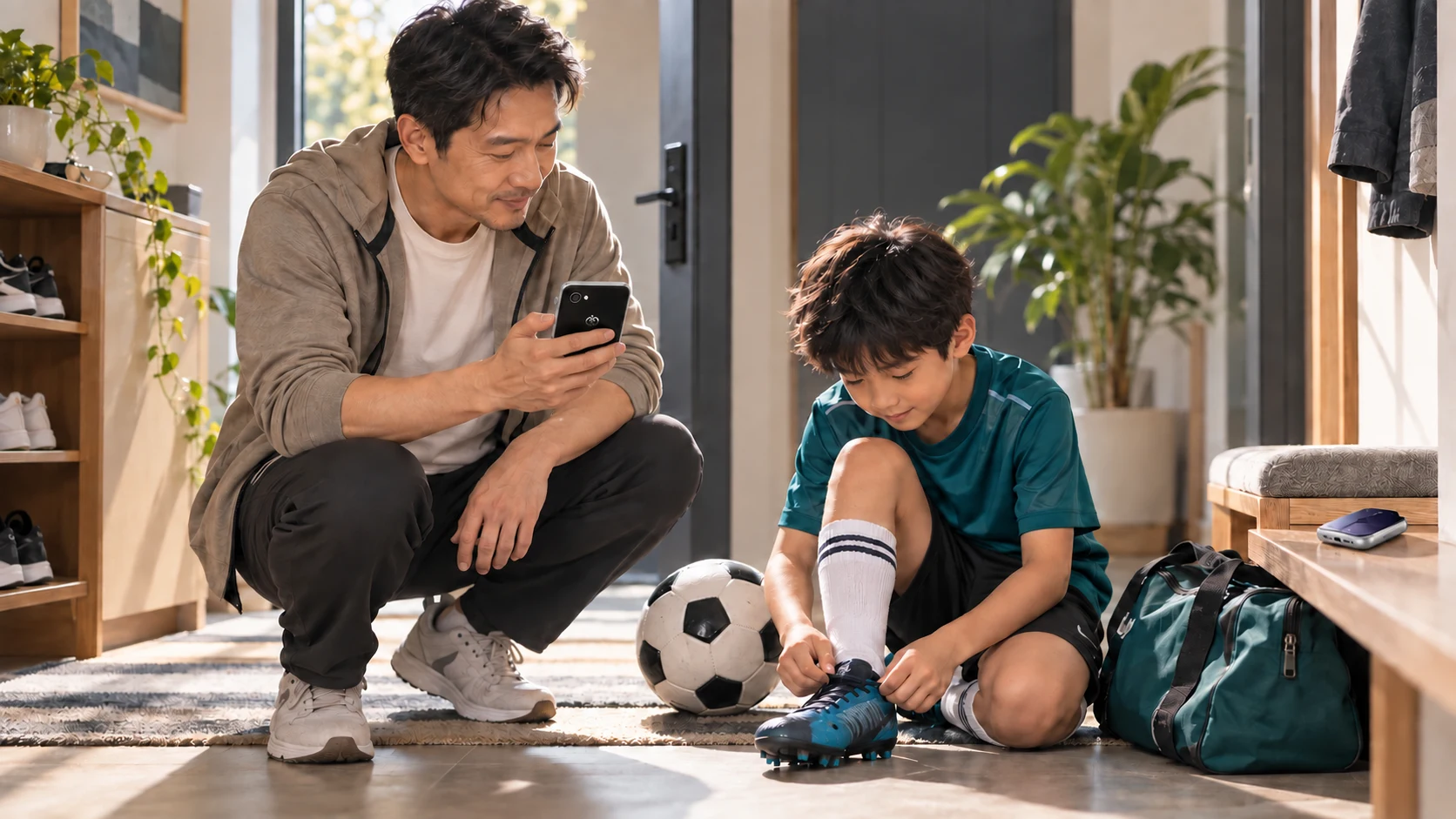 场景示意：父亲手持 Pocket AI Pro，与男孩在家门口查看足球训练提醒，准备球鞋和装备。