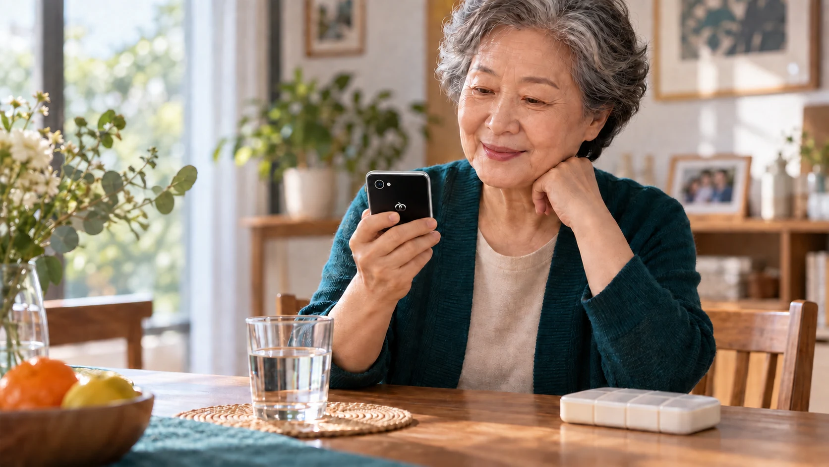 场景示意：长辈手持 Pocket AI Pro，在家查看预设时间的用药提醒，桌边放着水和药盒。