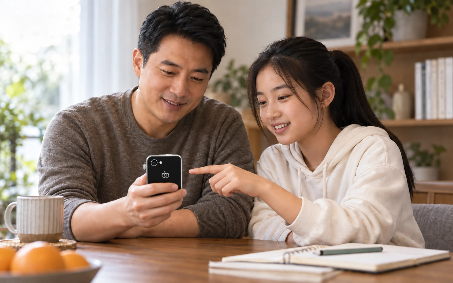 父亲与孩子一起使用 Pocket AI Pro,家庭协助场景示意
