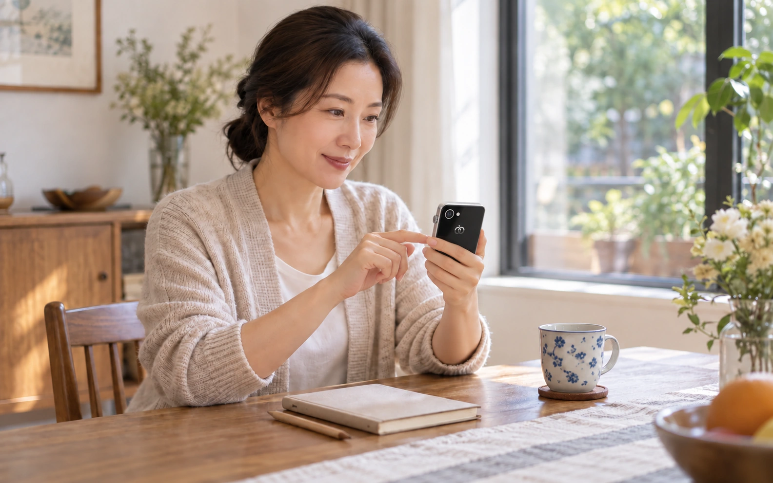 成年女性在家使用 Pocket AI Pro,个人日程与家庭协助场景示意