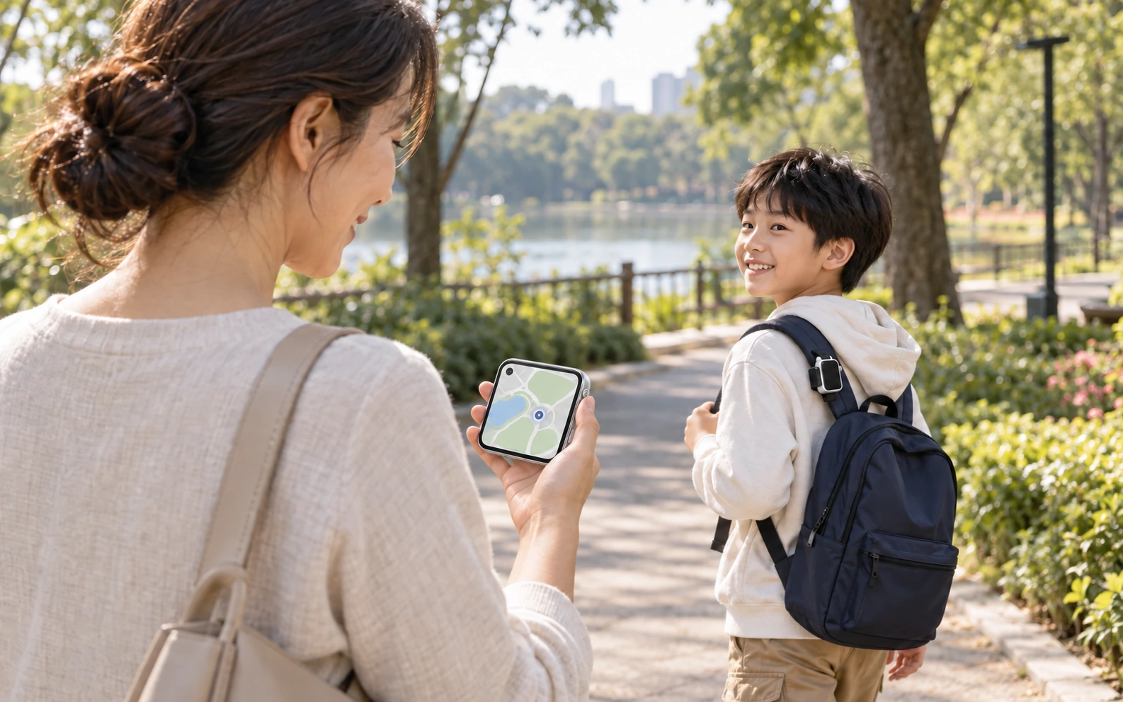 妈妈手持 Pocket AI Pro 查看位置示意,孩子肩带上夹戴 Pocket AI Mini 在公园活动