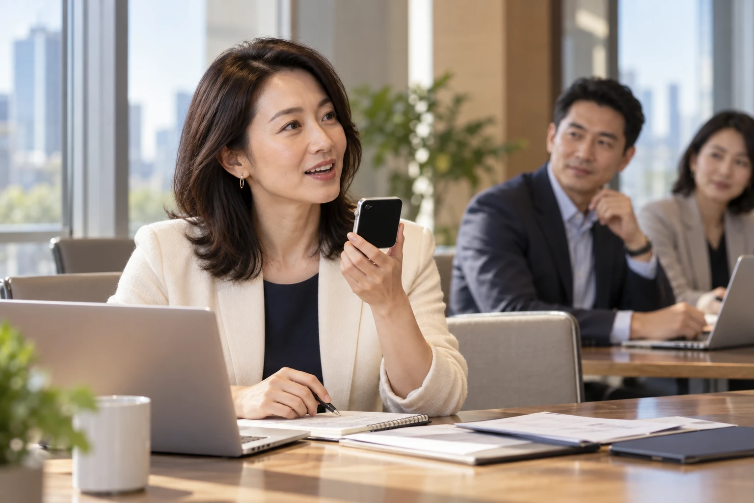 中国成年女性在会议间隙手持 Pocket AI Pro 提出午餐需求,桌上有电脑与笔记;AI 场景示意