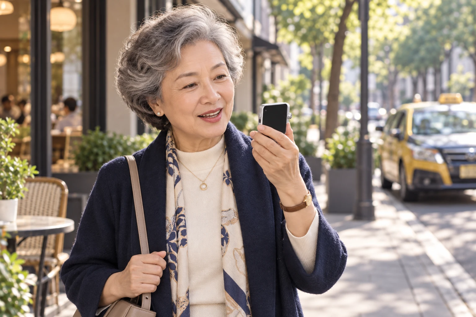 中国长辈站在人行道安全位置,手持 Pocket AI Pro 提出叫车需求,背景有出租车;AI 场景示意