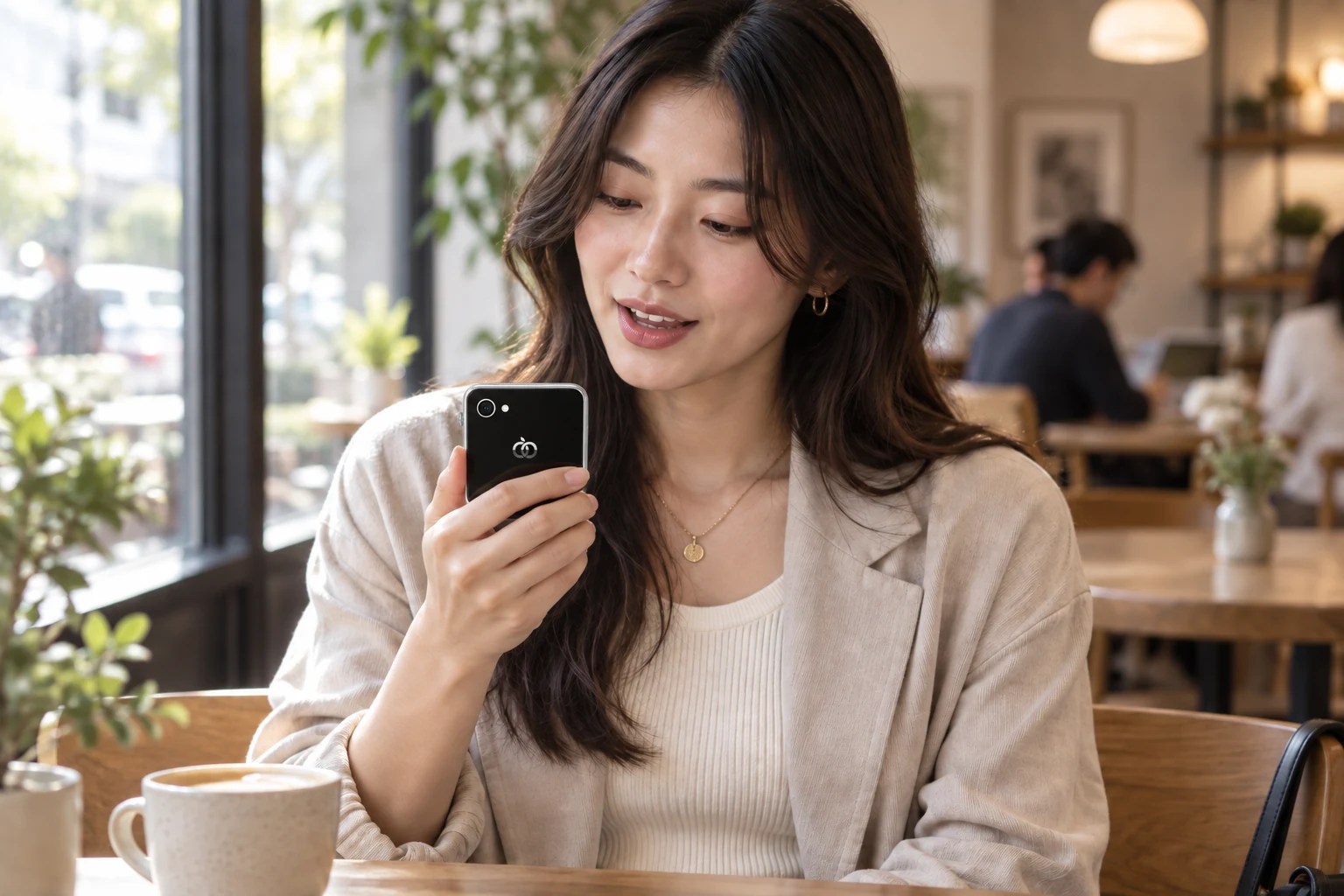 女士在咖啡馆手持 Pocket AI Pro 提问
