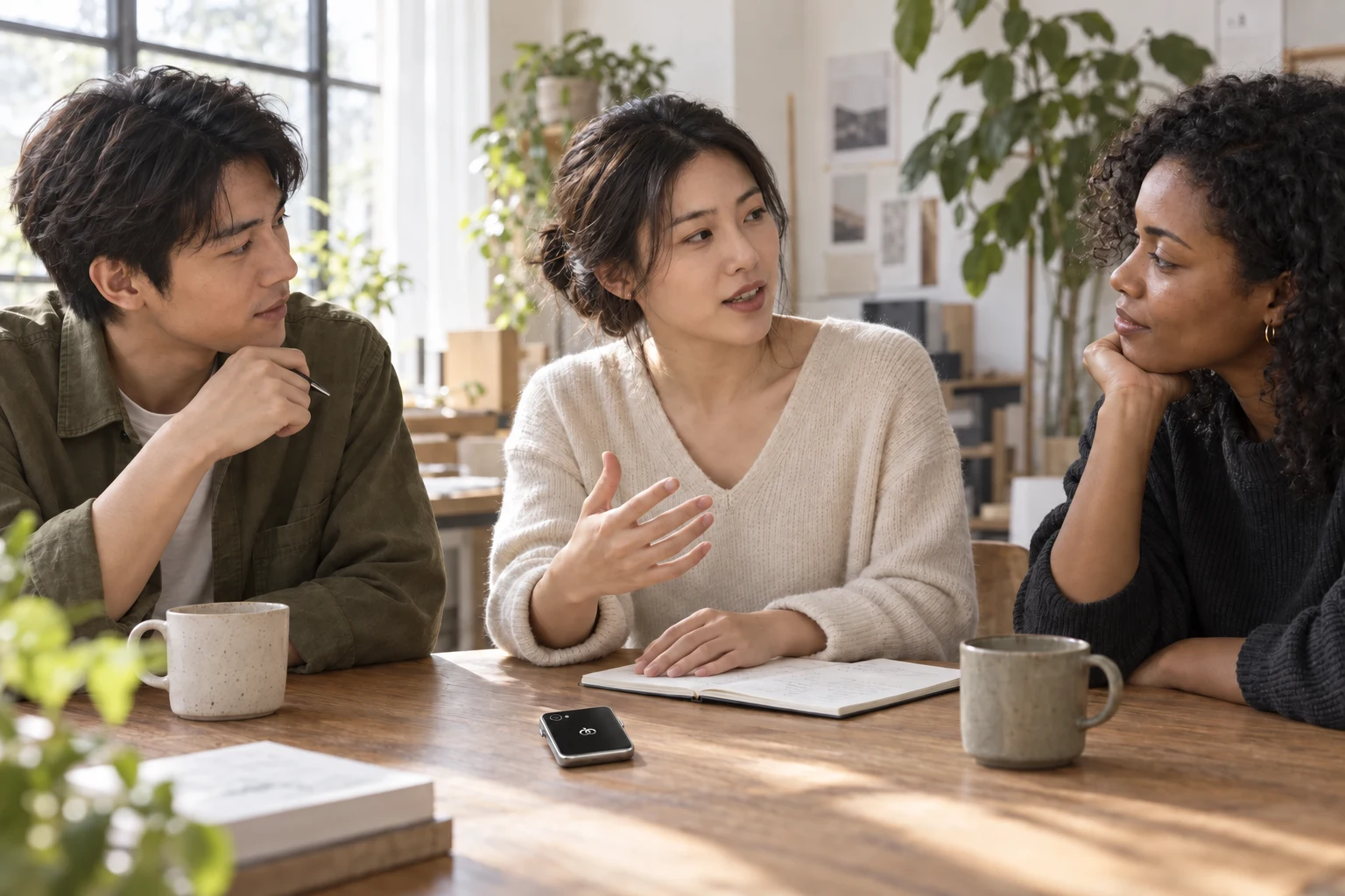 几位同事围桌讨论,Pocket AI Pro 放在桌面,场景示意