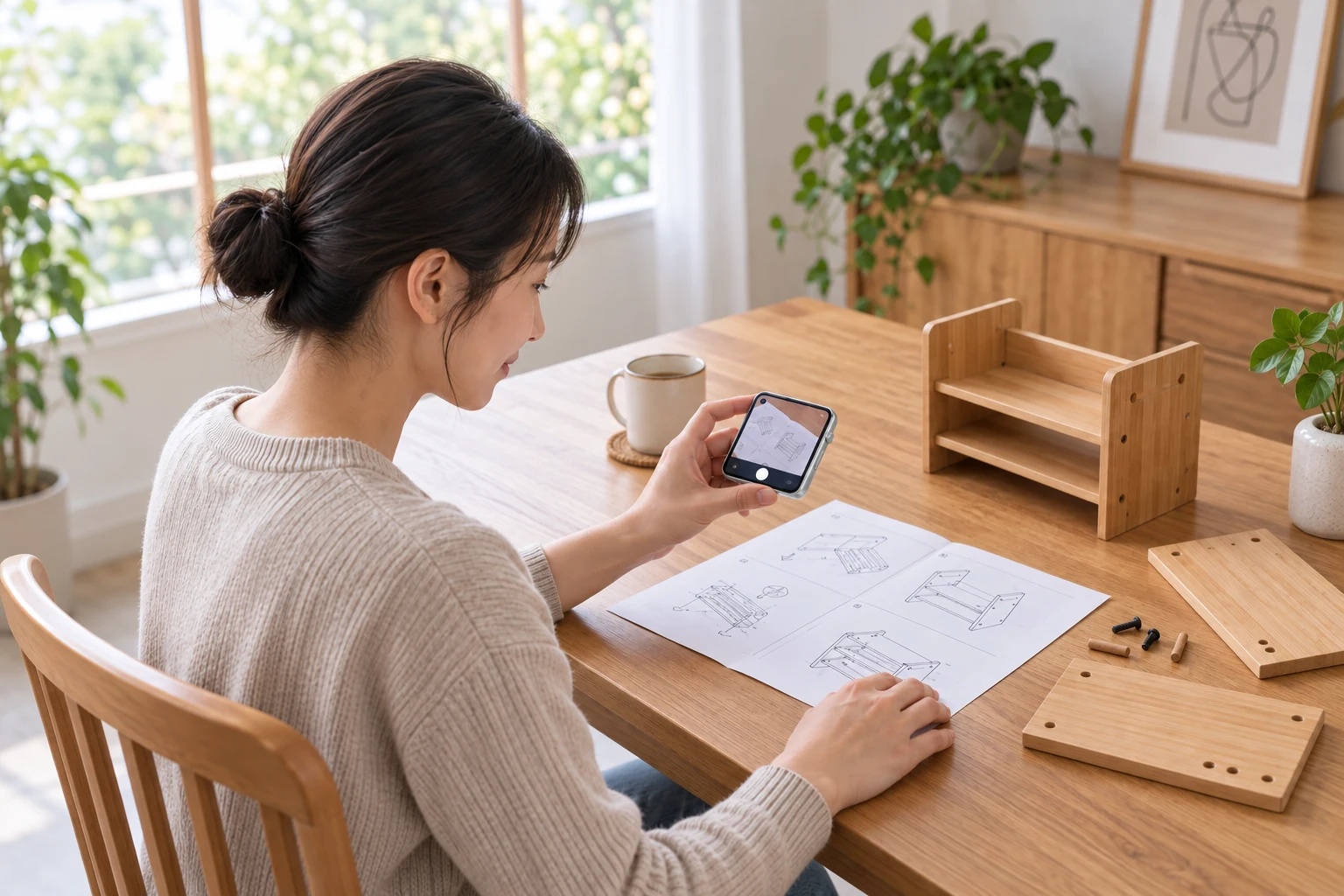 女士用 Pocket AI Pro 拍下组装说明，理解步骤