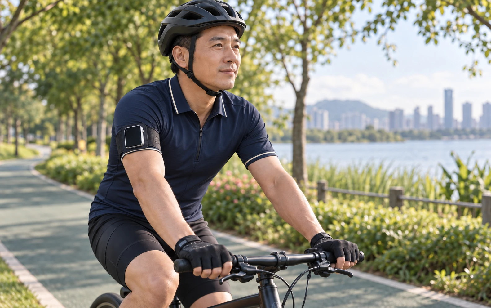 中国成年男士穿海军蓝骑行服、戴头盔与手套，双手握车把，Pocket AI Pro 固定于上臂的概念臂带中；AI 场景示意