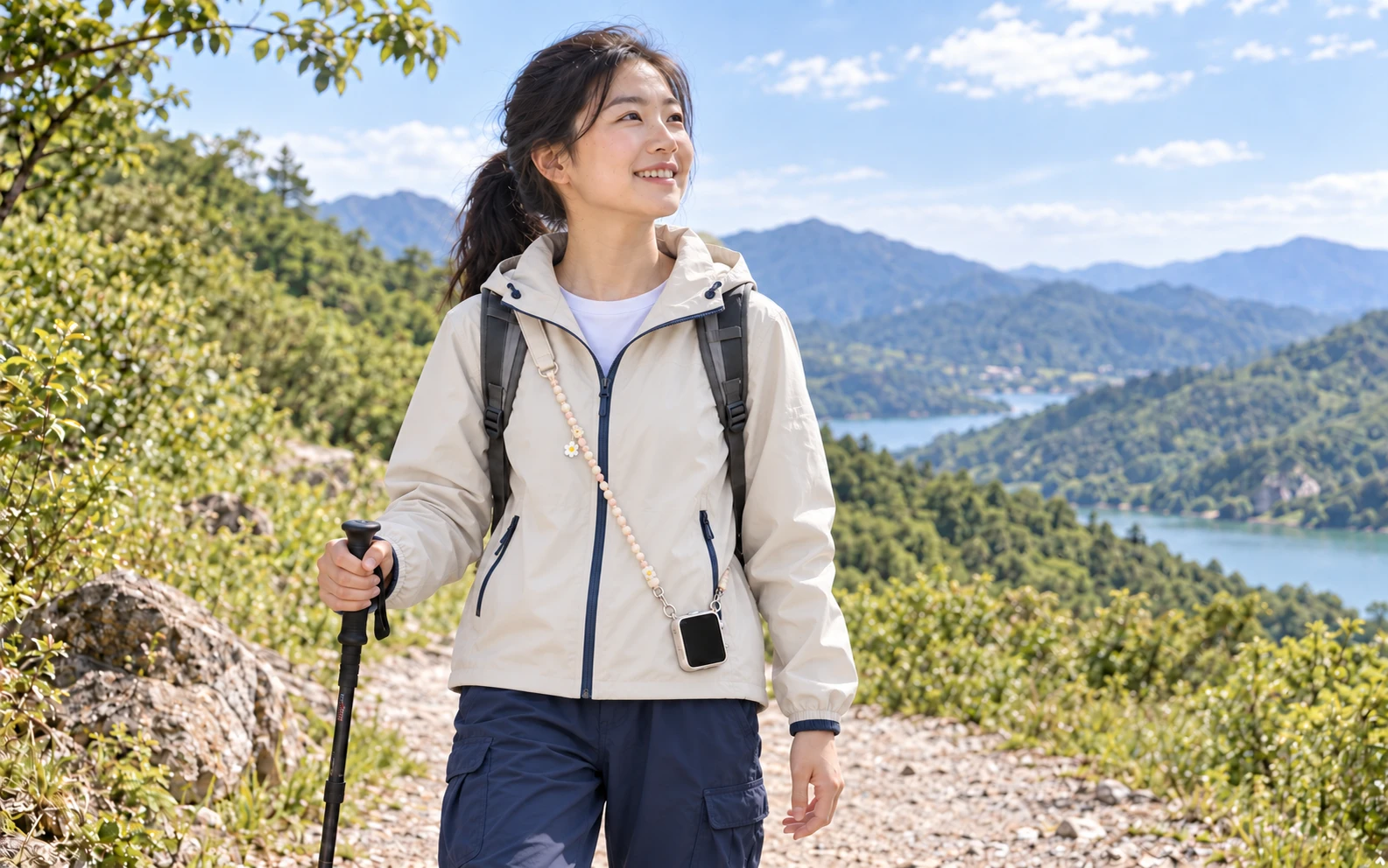 中国少女身穿奶油白户外外套与深蓝长裤，手持登山杖、背着背包，通过带小花装饰的浅色珠链斜挎 Pocket AI Pro；AI 搭配示意
