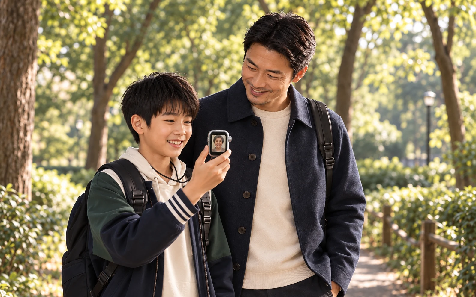 男孩在父亲陪同下手持 Pocket AI Mini,与在家的奶奶视频通话