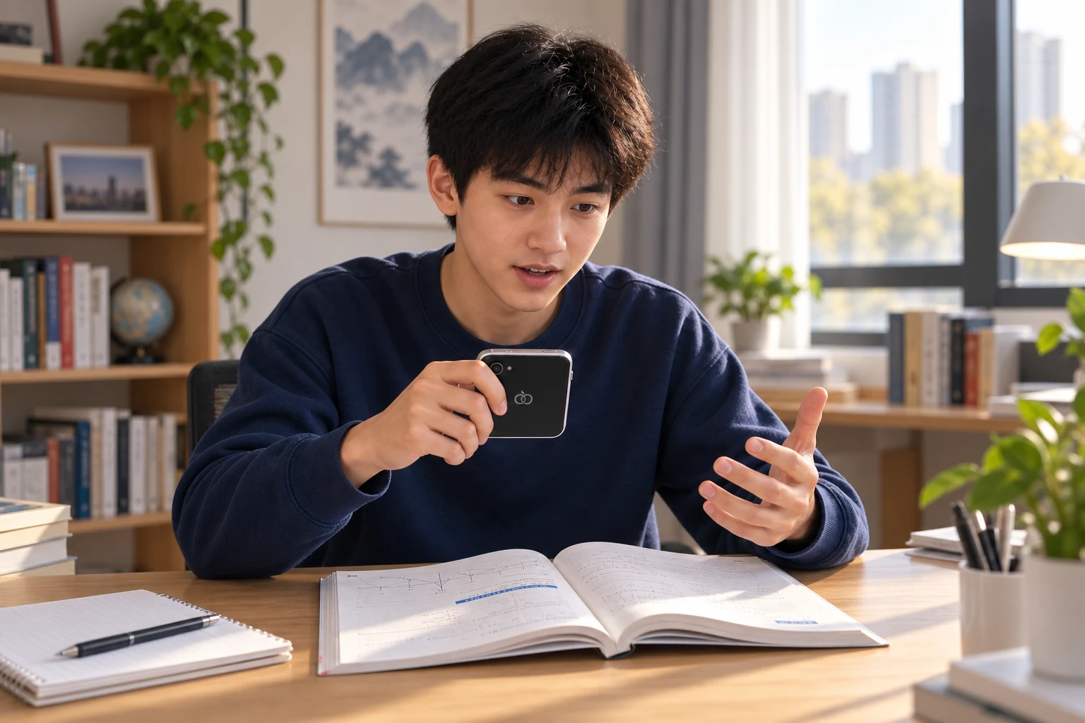 学生在书桌前使用 Pocket AI Pro 提问的场景示意