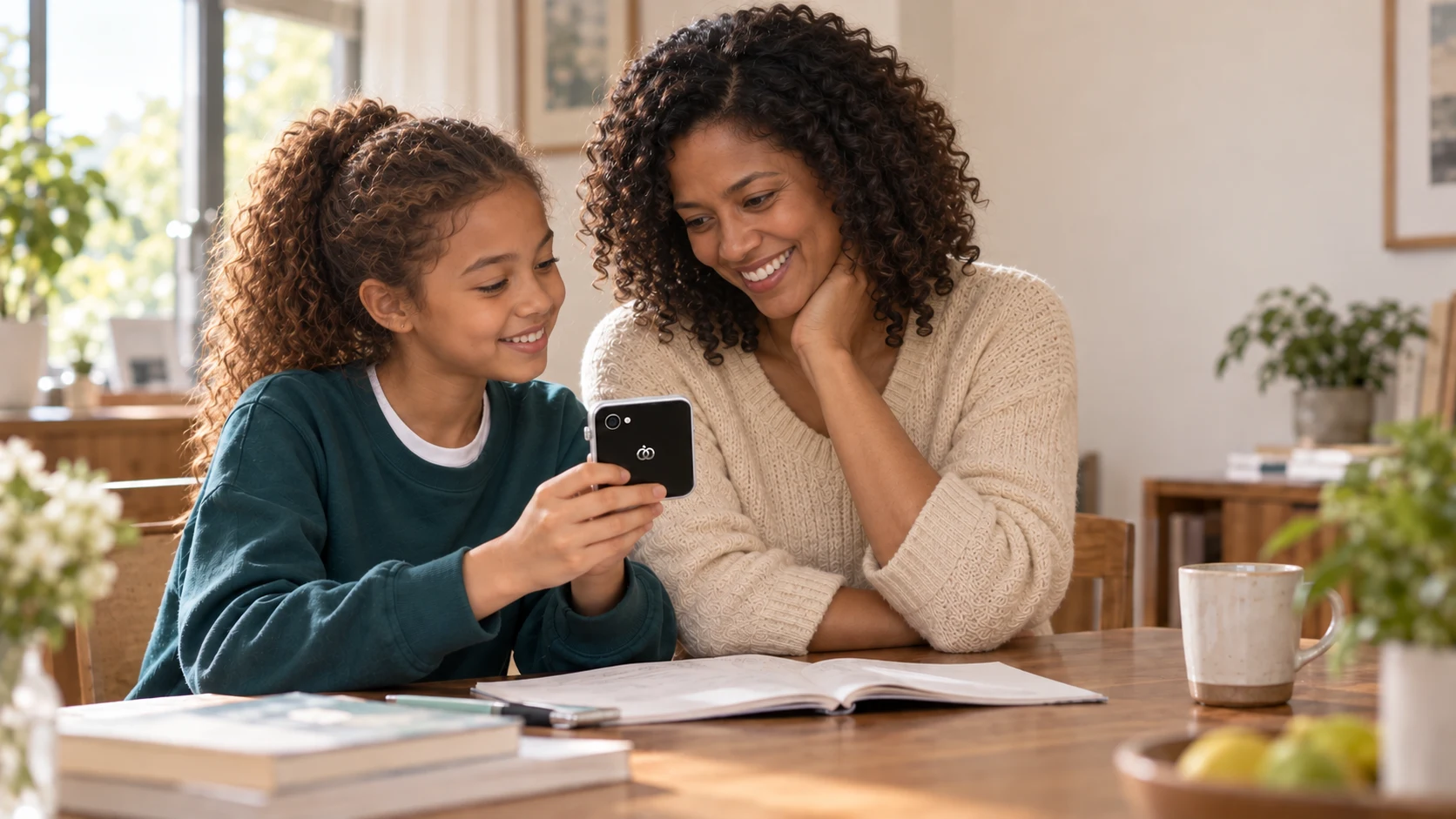 A mother and daughter looking at Pocket AI Pro together at home, with a separate illustrative Dora apps album card.