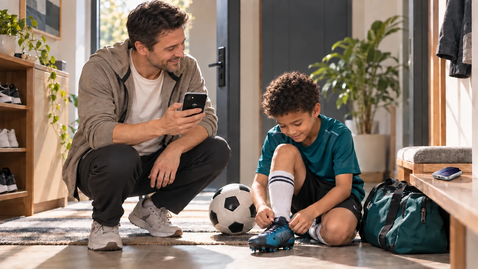 A father holding Pocket AI Pro while his son gets ready for soccer practice at home.