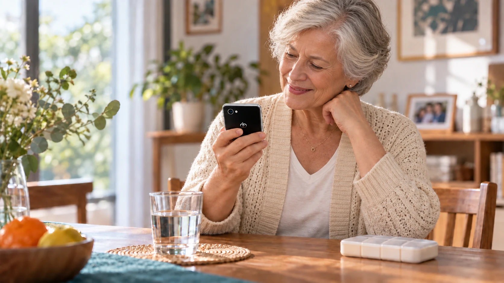 An older adult holding Pocket AI Pro at home, with water and a pill organizer on the table.