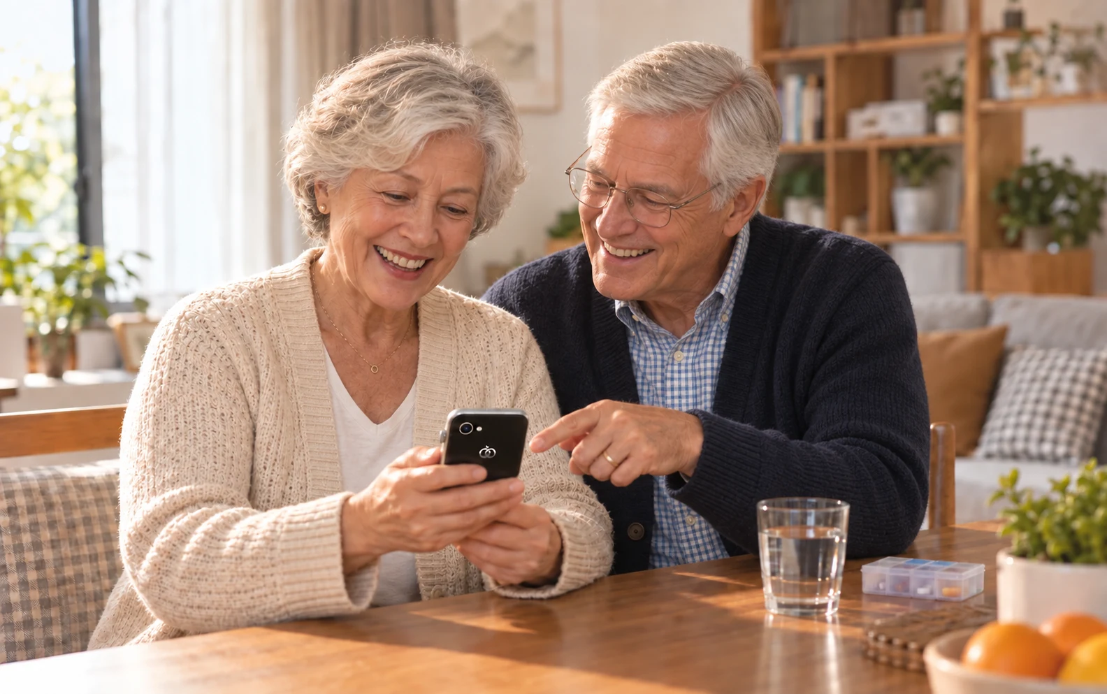 An adult and an older family member using Pocket AI Pro together, an illustrative reminder and family-support scene