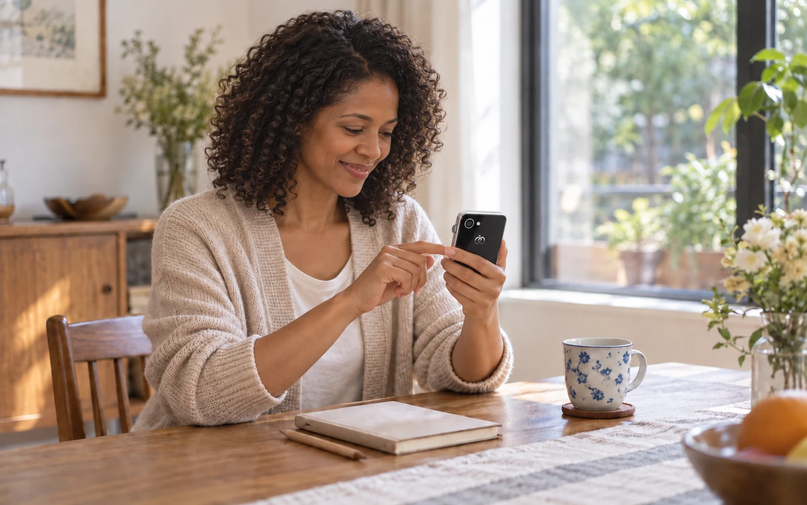 An adult using Pocket AI Pro at home, an illustrative personal and family-support scene