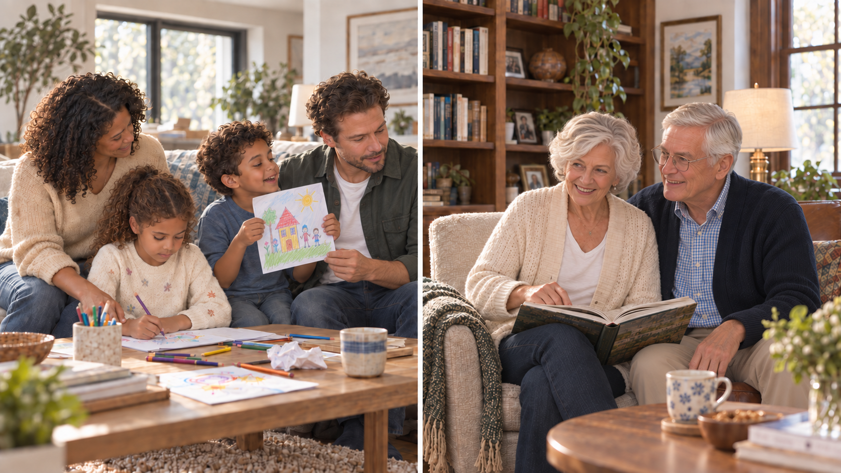 Two separate homes: a girl draws as her brother and father hold up his artwork; grandparents pause their reading and look up with interest