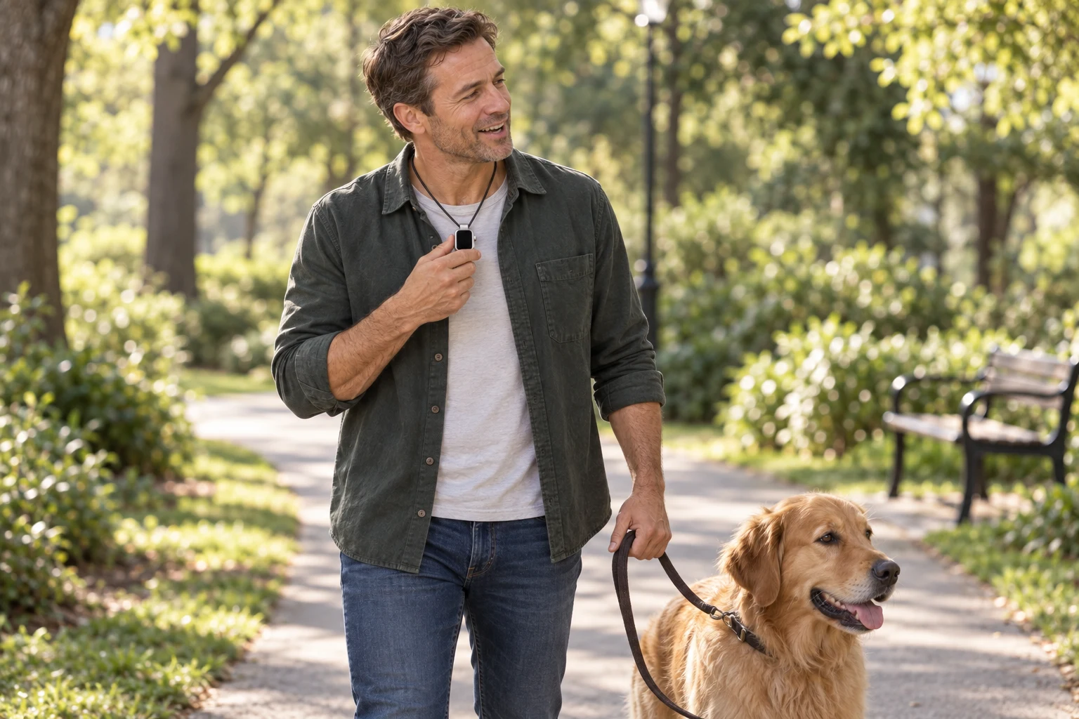 An adult paused during a dog walk, holding the leash and using Pocket AI Mini on a neck cord to call family; AI-generated scene