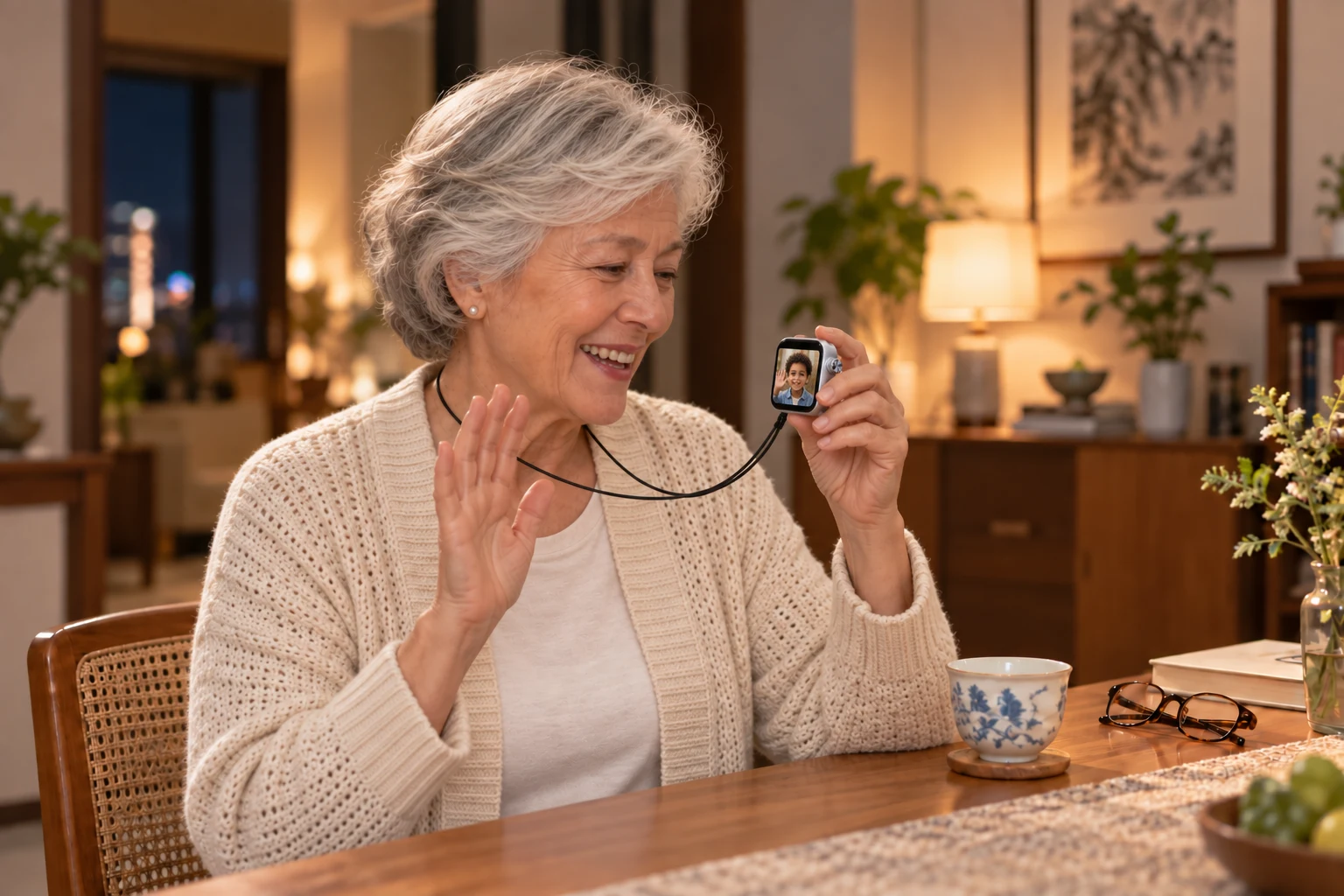 Grandma holding Pocket AI Mini for a video call with her grandson in her own home
