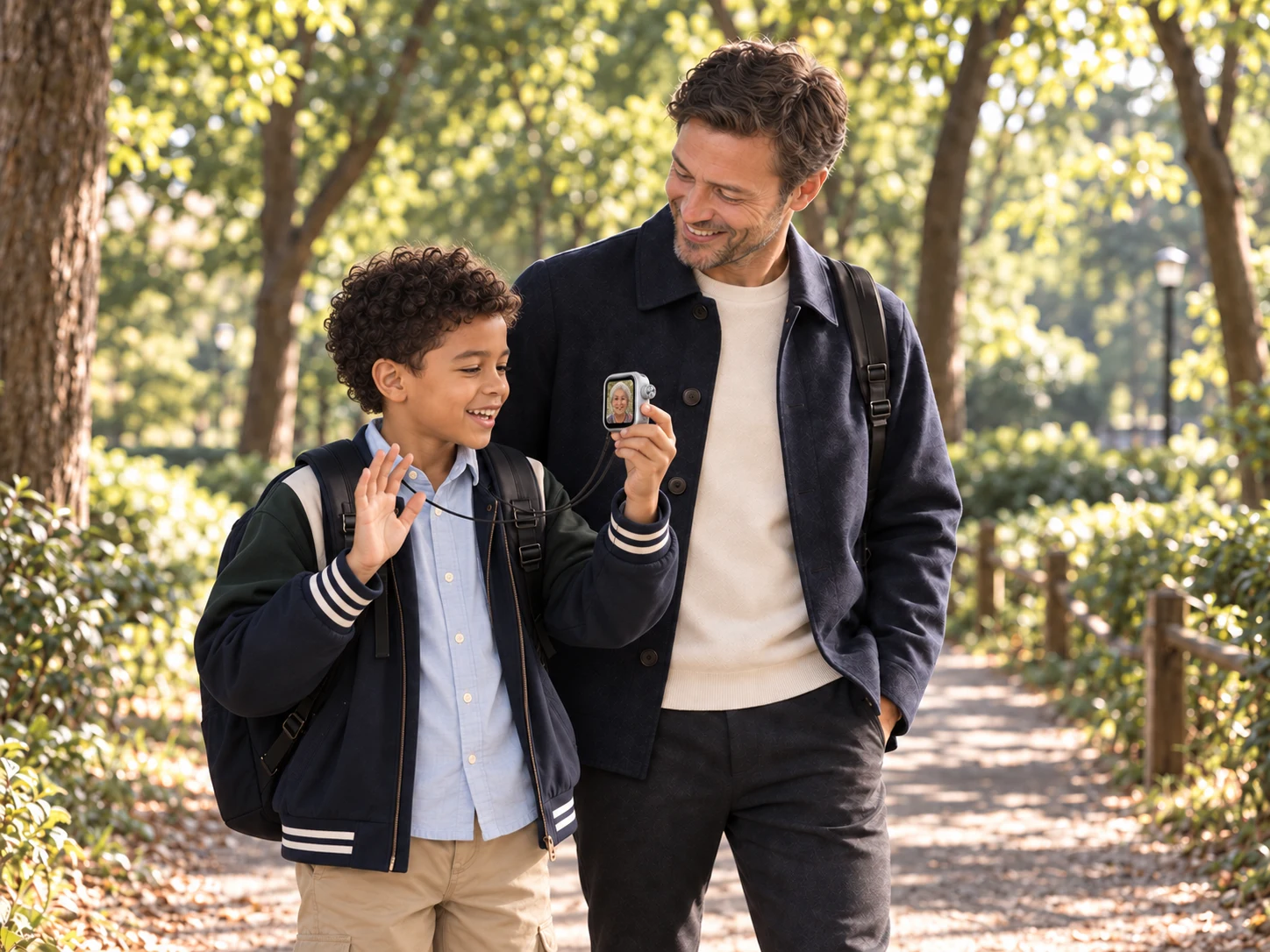 A boy holding Pocket AI Mini for a video call with Grandma, with his father beside him outdoors