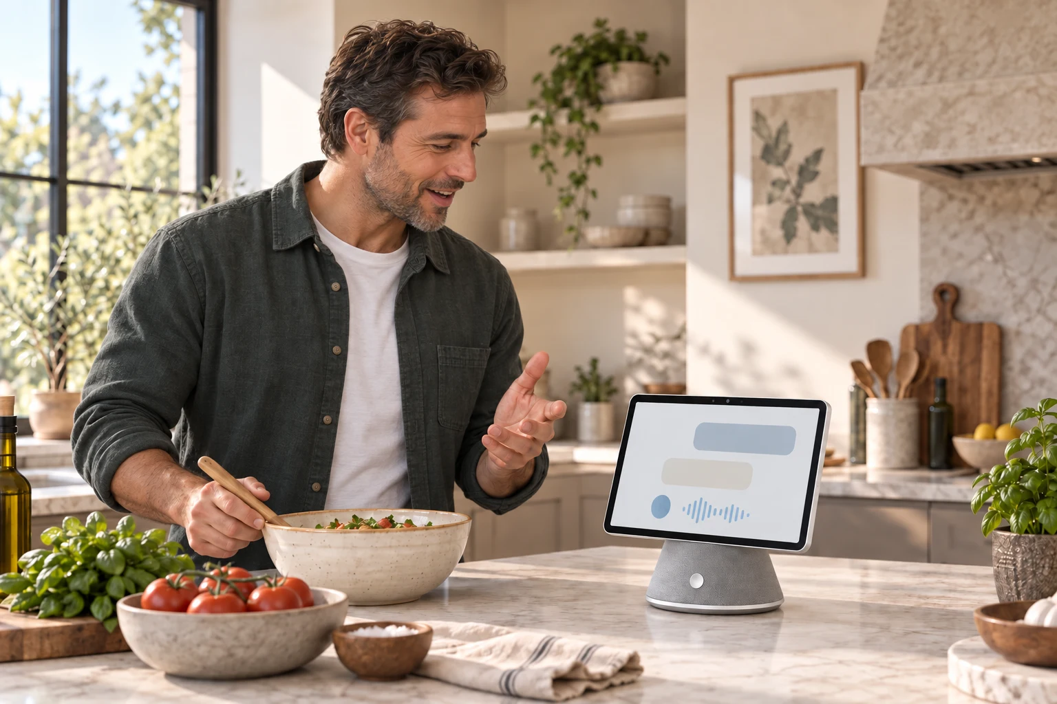 A father asking Home AI a cooking question at the kitchen counter