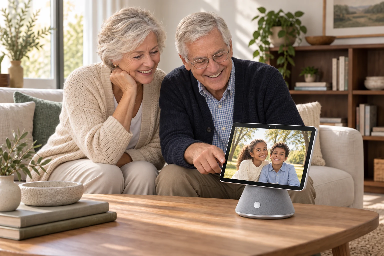 Grandparents viewing a photo of their grandchildren on Home AI in their own home