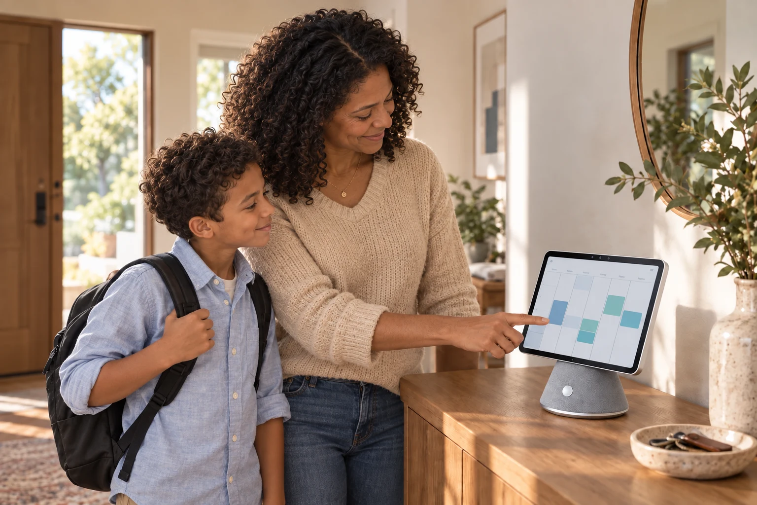A parent and child checking a Home AI shared calendar before leaving home