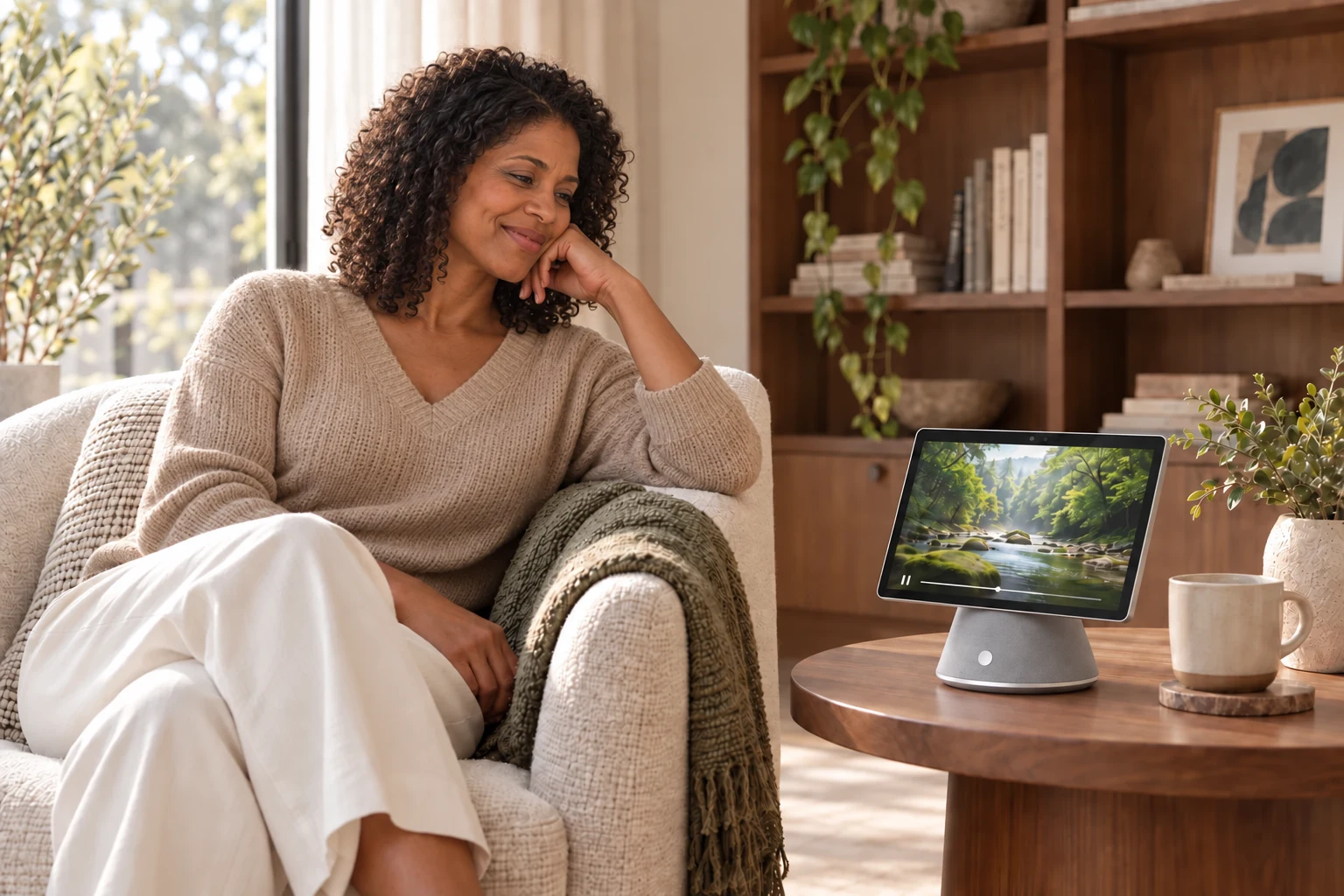 A woman enjoying Home AI on a living-room table
