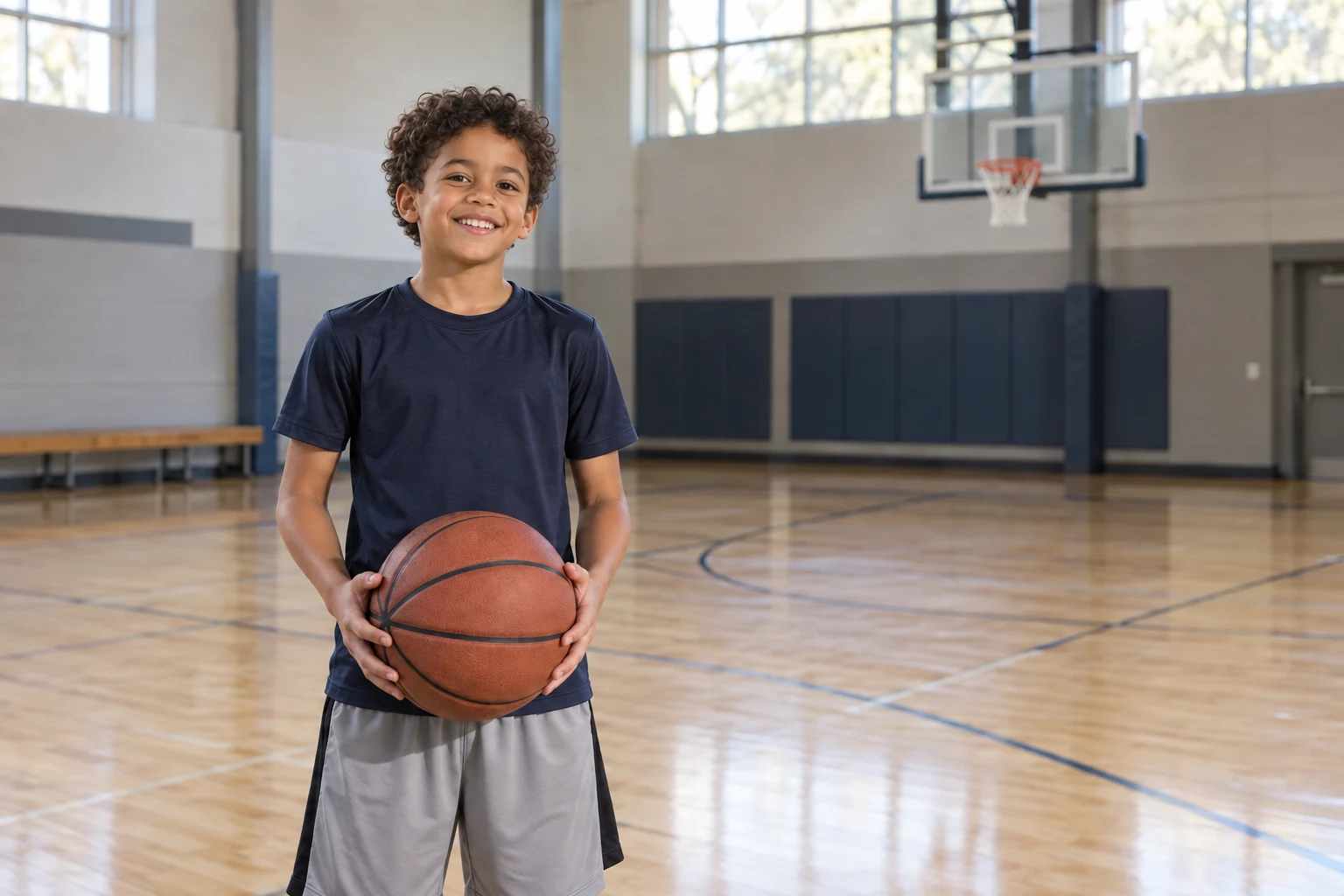 Leo, a grandson, smiling with a basketball after his weekend game