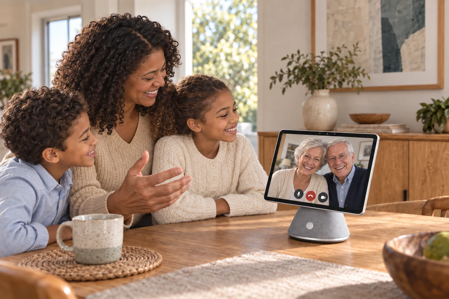 A mother and her children video calling grandparents in another home through Home AI; illustrative scene