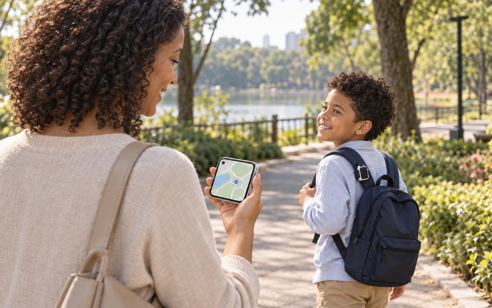 A mother holding Pocket AI Pro with an illustrative map while her child wears a clipped Pocket AI Mini on a backpack strap in a park