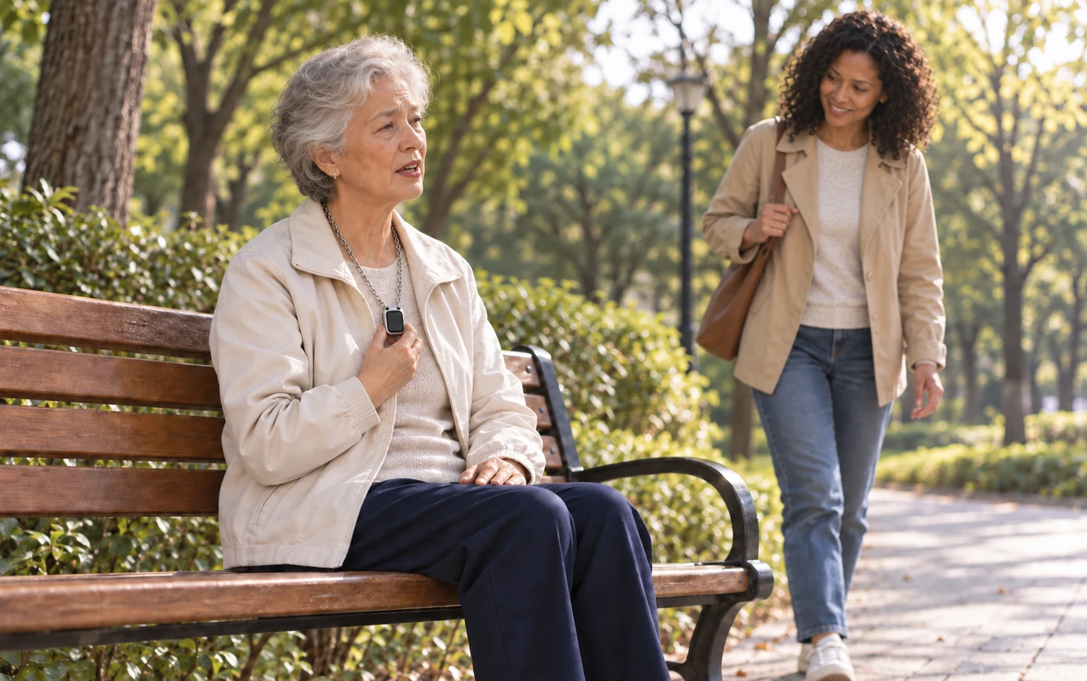 An older adult holding a clearly chain-worn Pocket AI Mini at the chest on a park bench with a family member approaching; AI-generated illustrative scene