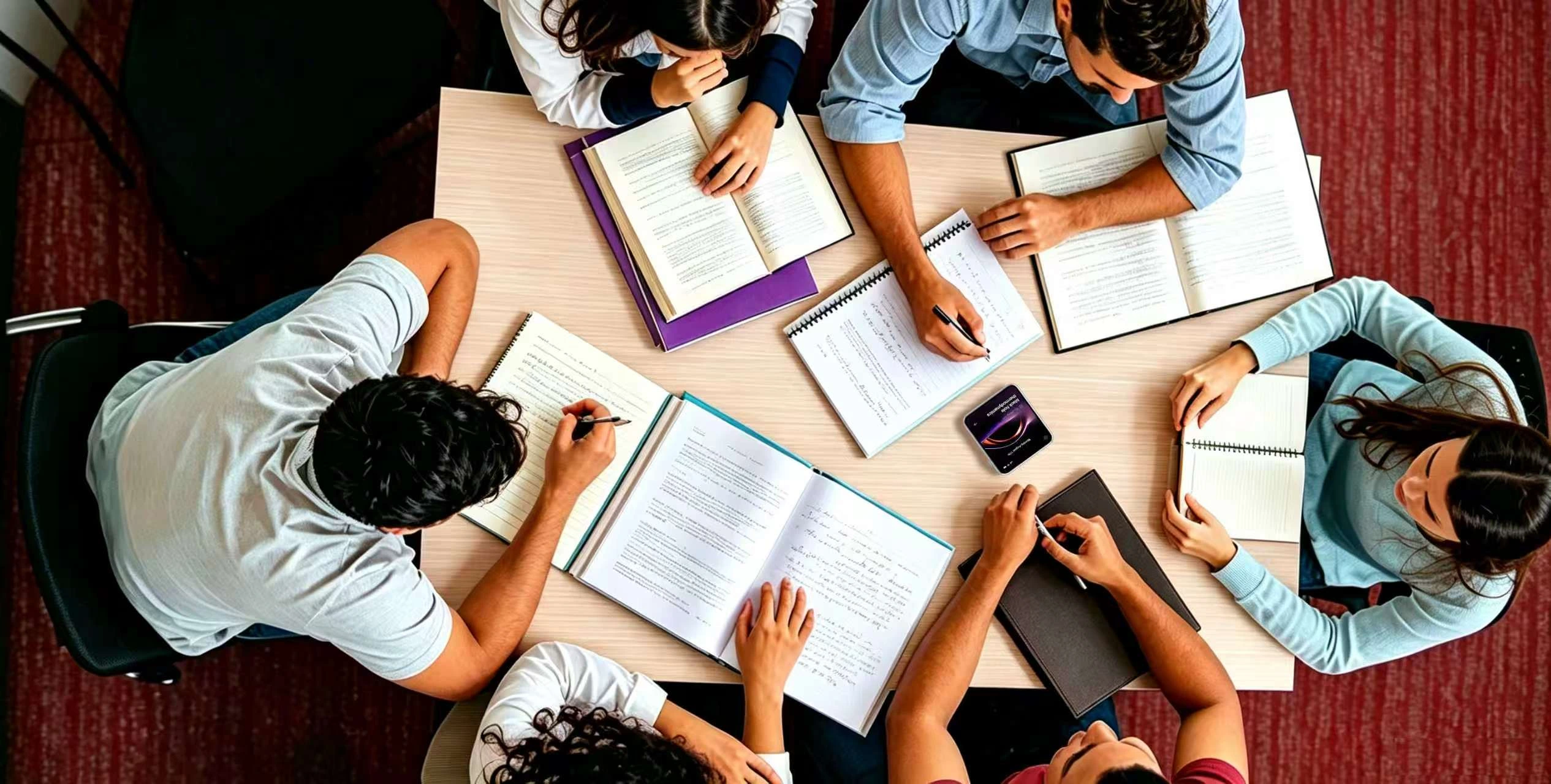 An overhead business meeting scene with participants around a table and Pocket AI Pro beside their notes