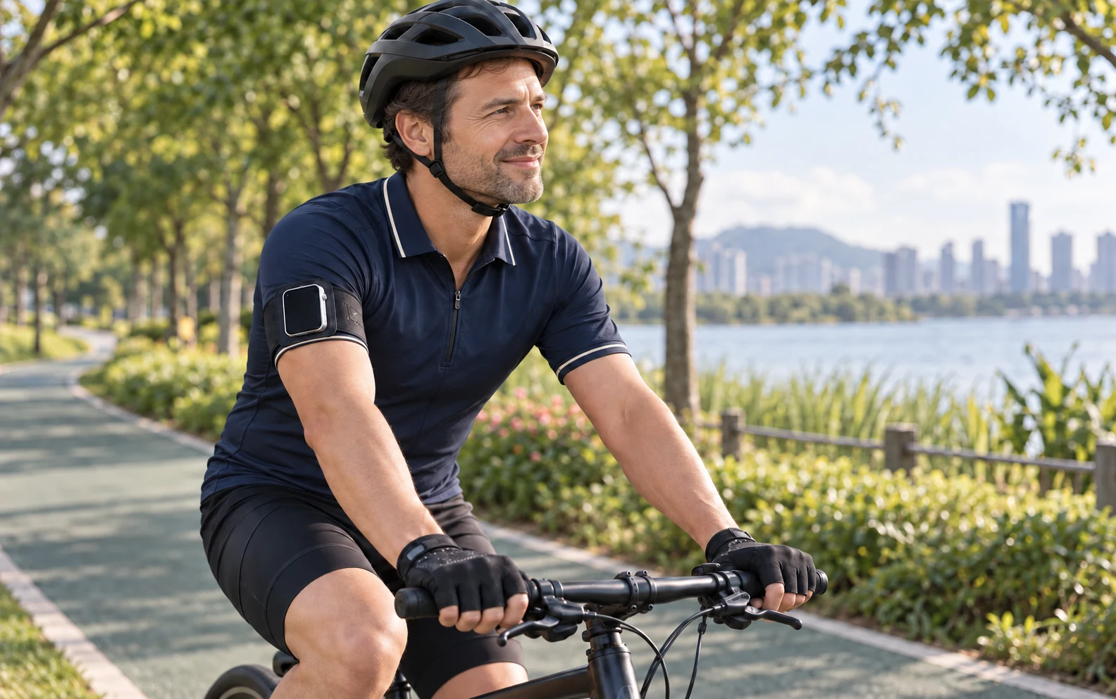 An adult in navy cycling wear, helmet and gloves, with both hands on the handlebar and Pocket AI Pro in a concept upper-arm holder; AI-generated scene
