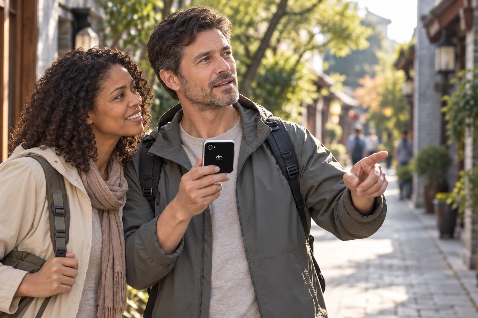 Adults checking directions with Pocket AI Pro, illustrative scene