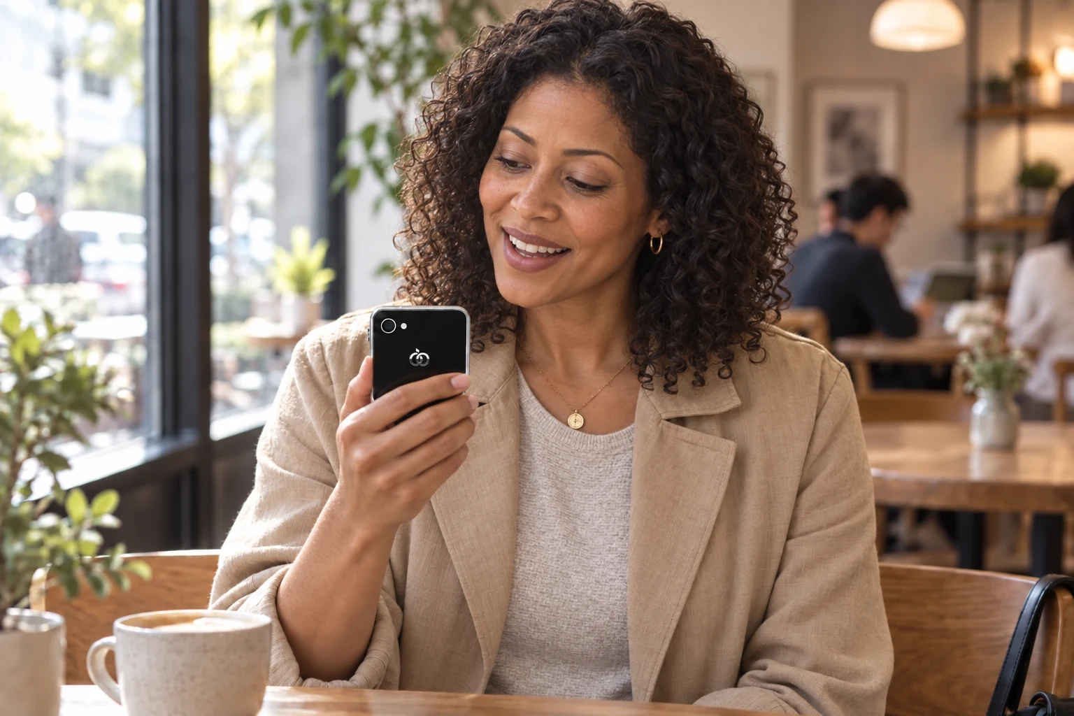 A woman asking Pocket AI Pro a question in a café