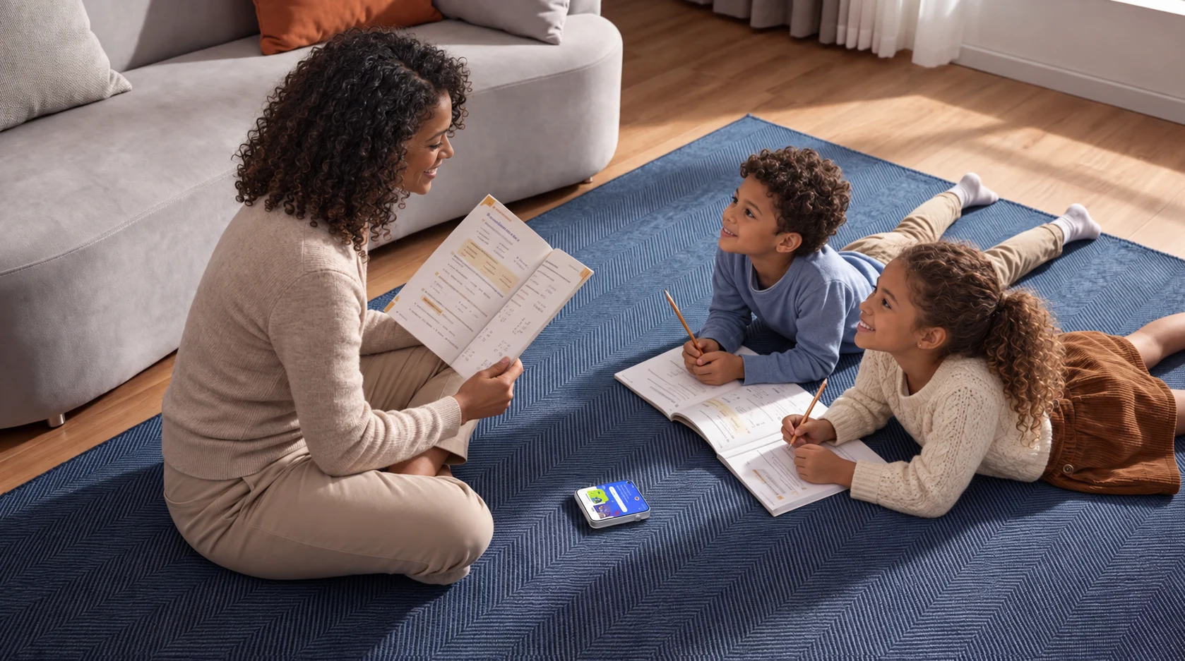 A family exploring a question with Pocket AI Pro at home, illustrative scene