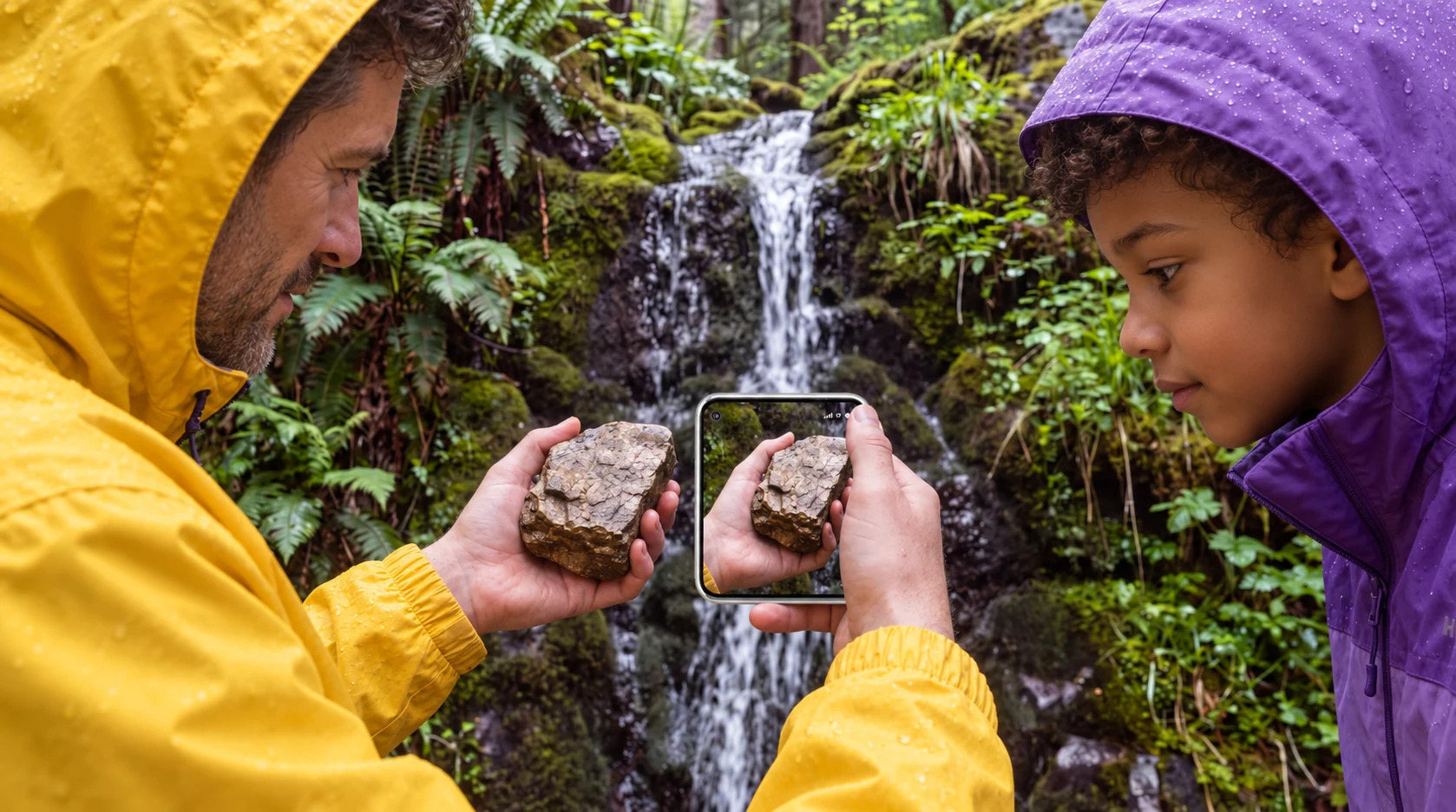 A parent and child photographing a rock with Pocket AI Pro outdoors to explore something new