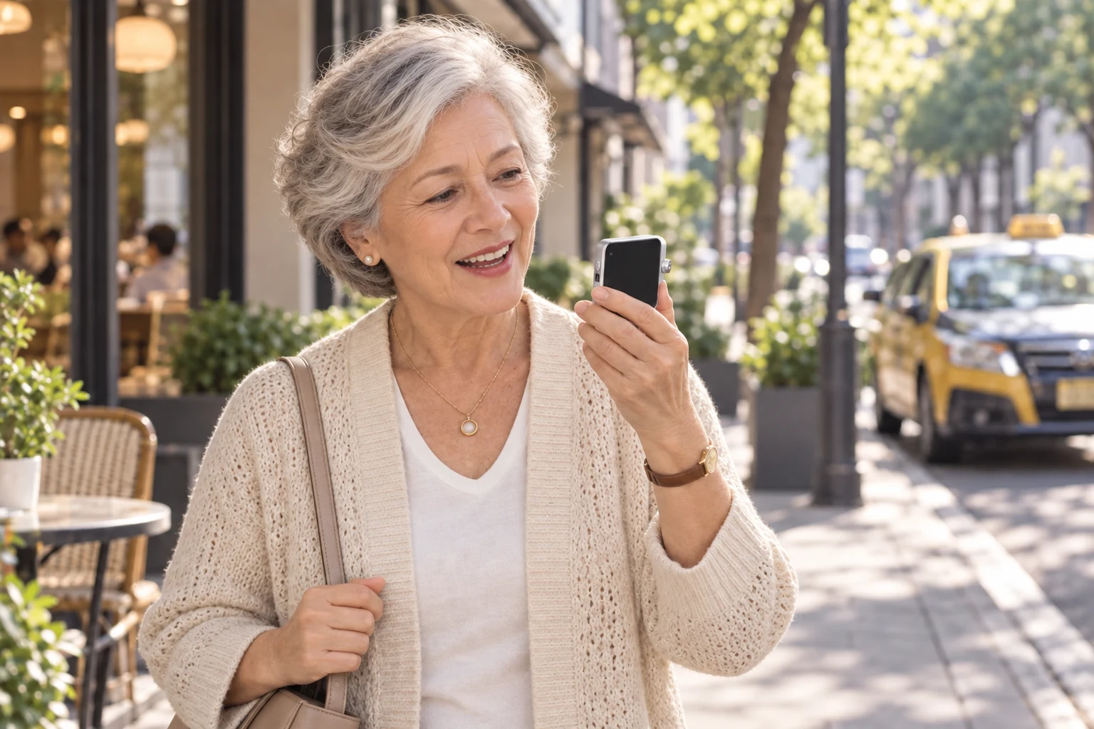 An older adult standing safely on a sidewalk, speaking a ride request to Pocket AI Pro with a taxi in the background; AI-generated scene