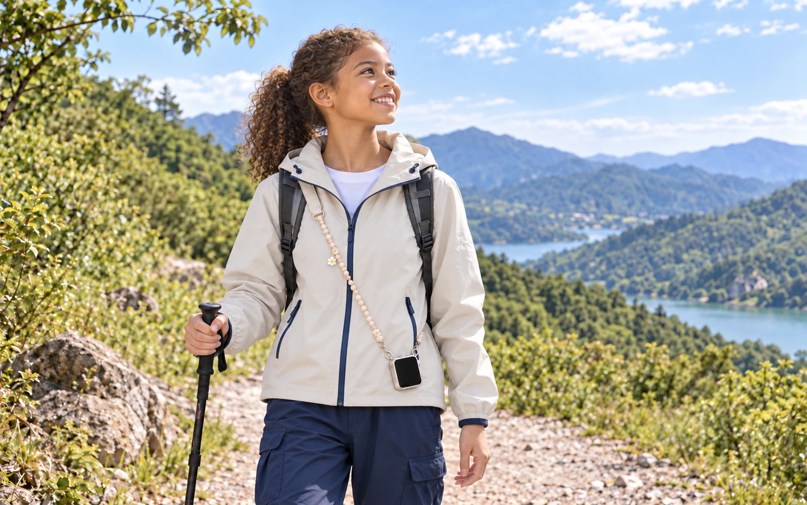 A girl in a cream outdoor jacket and navy trousers, holding a trekking pole and carrying a backpack, with Pocket AI Pro on a pale beaded crossbody chain with daisy charms; AI-generated accessory concept