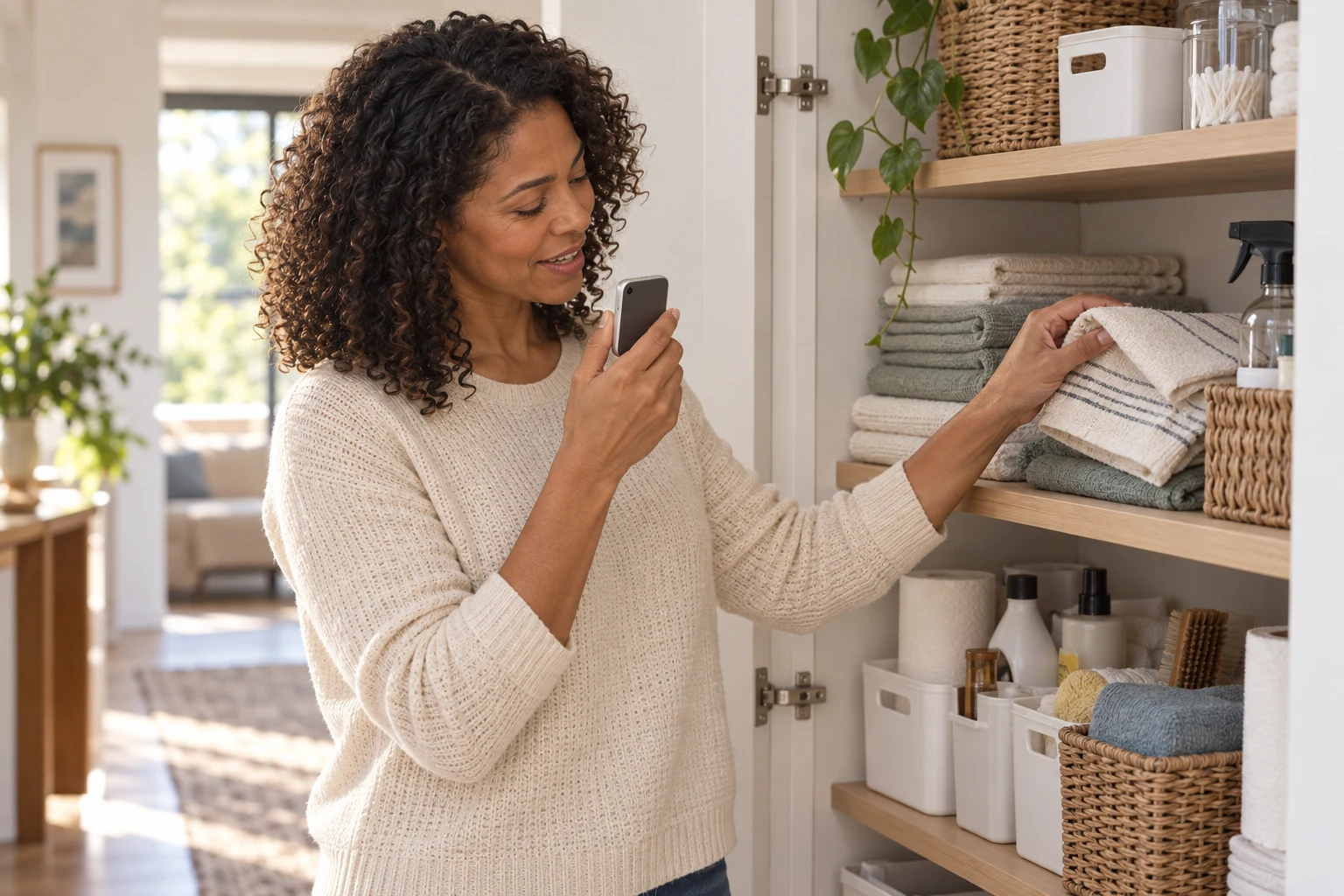 A woman sorting a household cupboard and speaking a replenishment note into Pocket AI Pro; illustrative scene