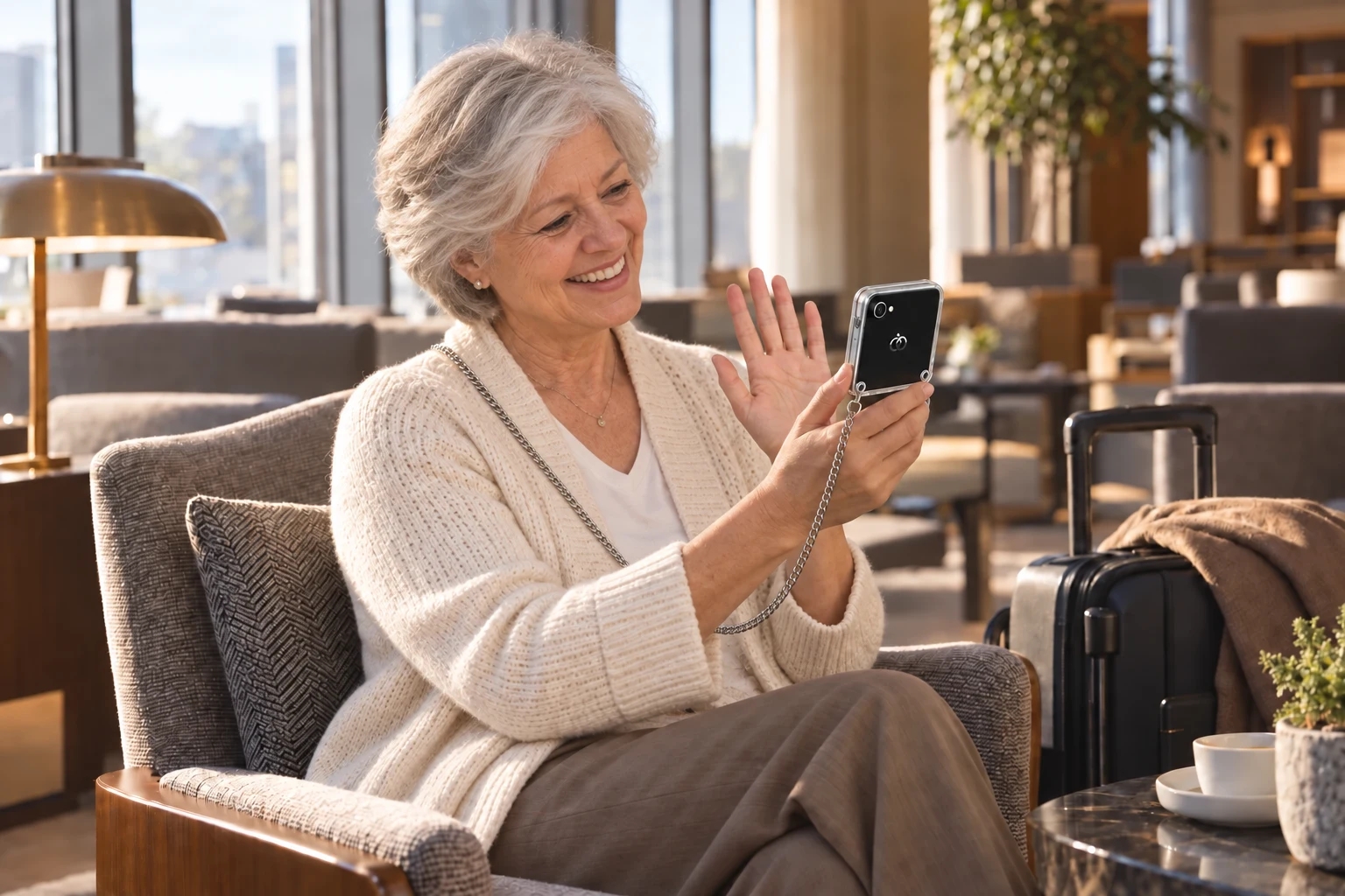 An illustrative scene of a traveler using Pocket AI Pro to contact family